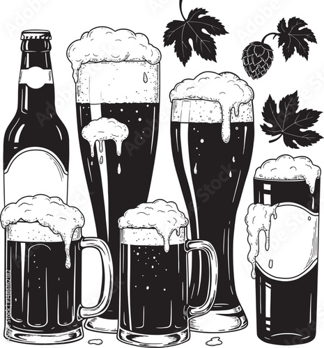  Beer Glass and Mugs Collection Silhouettes White Color Background