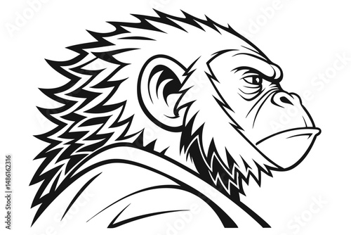 Monochrome Gorilla Head Detailed Black and White Side Profile, Wild Animal Mascot Design