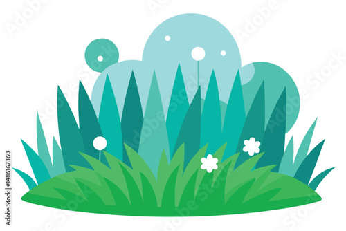 Green meadow scenery with flowers and plants featuring light blue color circles above the meadow