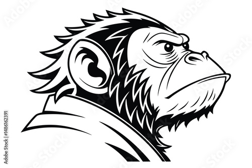 Silhouette Portrait of an Angry Primate, Intense Stare, Black and White, Detailed Line Work