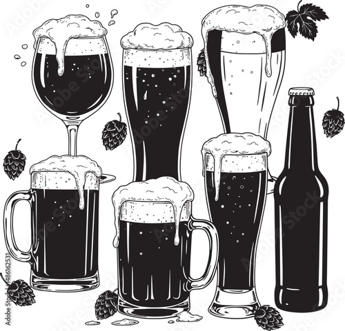  Beer Glass and Mugs Collection Silhouettes White Color Background