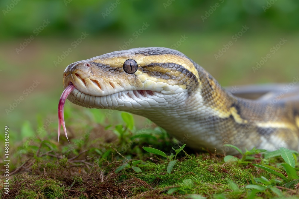 Fototapeta premium Snake Extending Tongue on Greenery, Close-up Reptile
