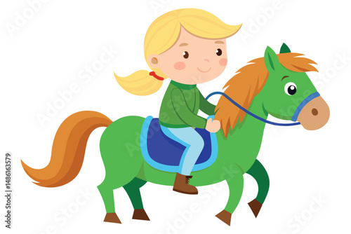 Happy blonde girl rides the vibrant green toy horse with a blue saddle smoothly