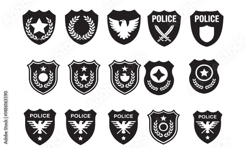 This set features various police badge designs in a clean, black and white vector format.