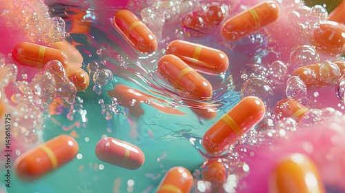 Illustration of microscopic bacteria in a fluid environment, featuring elongated yellow rod-shaped bacteria and smaller spherical shapes.