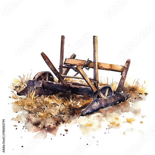 Traditional Hand-pulled Plow In A Rural Field, watercolor vector, high quality, isolated on a white background.