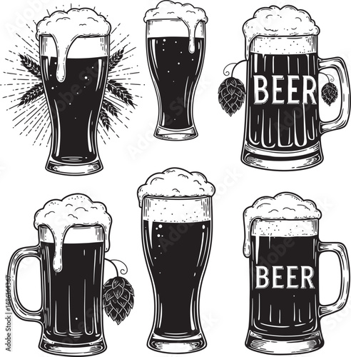 Beer Glass and Mugs Collection Silhouettes White Color Background
