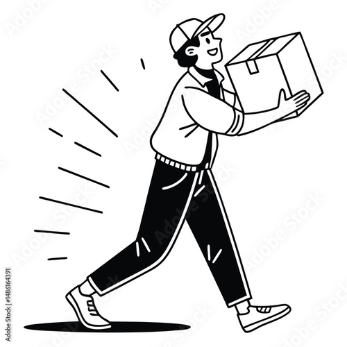 Outline Man with Cap Walking with Cardboard Box Delivery Courier, White Background