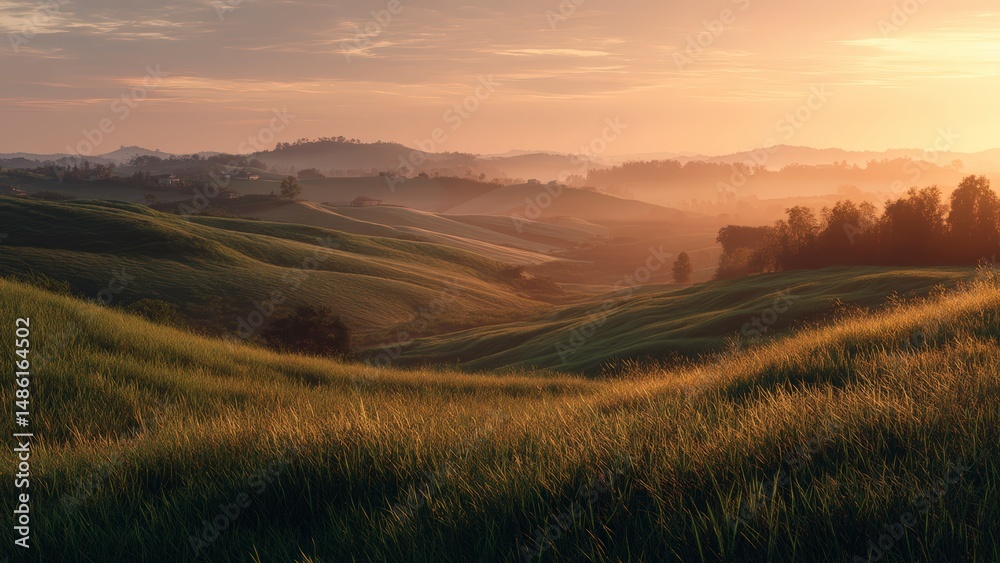 Fototapeta premium Early Morning Mist Over Green Farmland