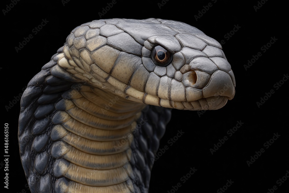 Fototapeta premium Cobra Snake Head Close-up on Black Background Portrait