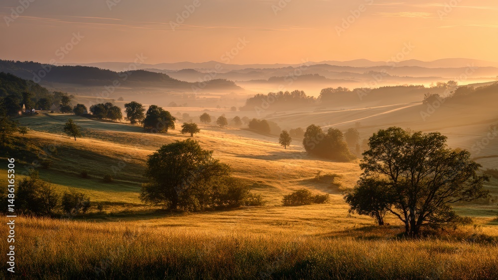 Fototapeta premium Idyllic Countryside With Mist and Sunshine