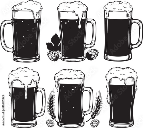  Beer Glass and Mugs Collection Silhouettes White Color Background