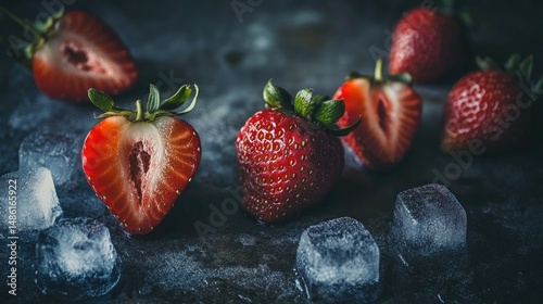 Three fresh strawberries partially immersed in clear ice cubes,