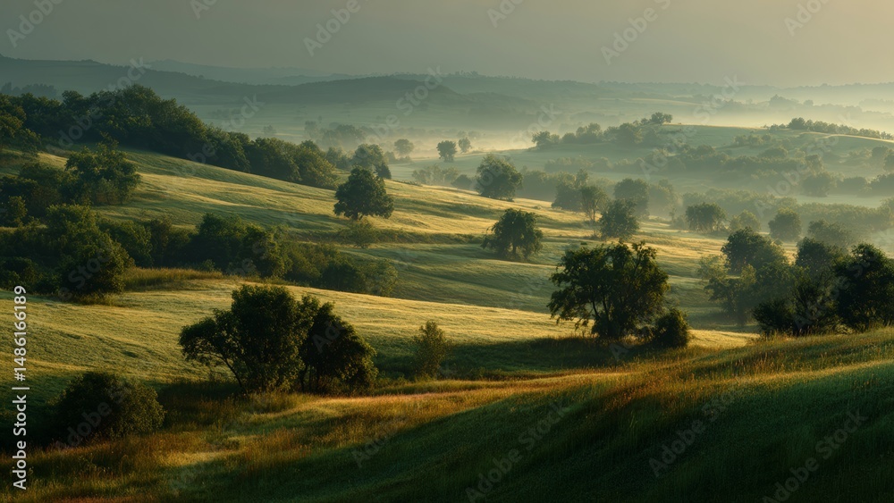 Obraz premium Early Light Illuminating Hills and Forest