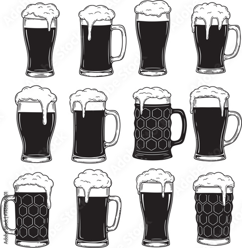  Beer Glass and Mugs Collection Silhouettes White Color Background