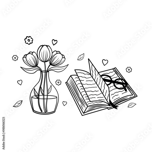 An illustration depicting an open book and flowers