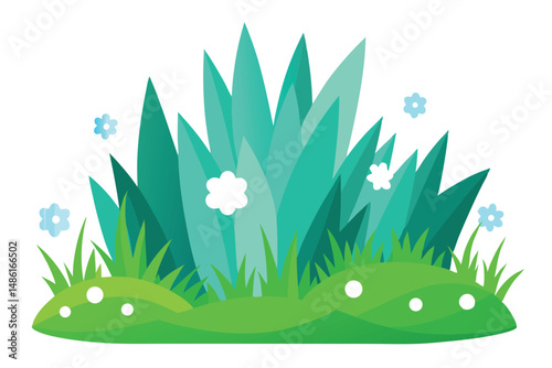 Lush green grass and blue flower elements create a vibrant, animated nature scene