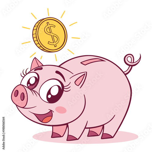 Piggy Bank with Falling 3D Gold Coins Money Savings Vector Illustration Design