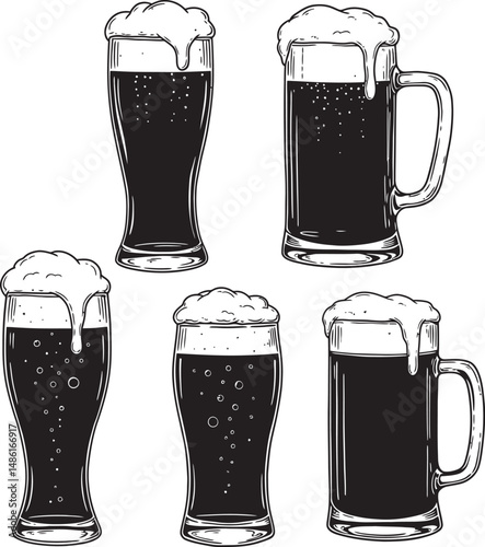  Beer Glass and Mugs Collection Silhouettes White Color Background