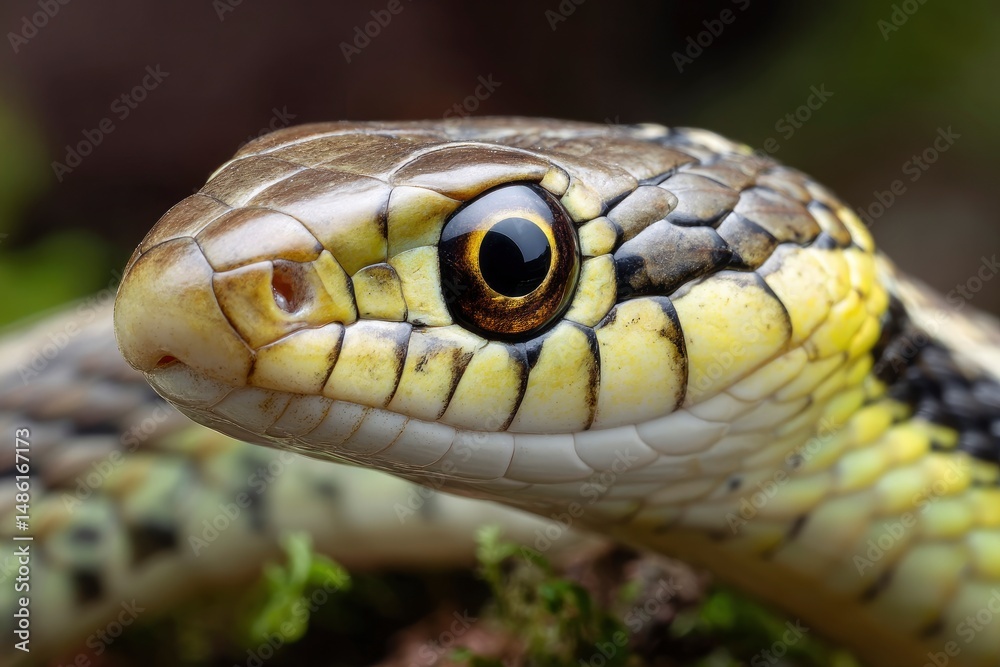 Fototapeta premium Close-up of a Snake Head with Yellow Markings and Detailed Scales