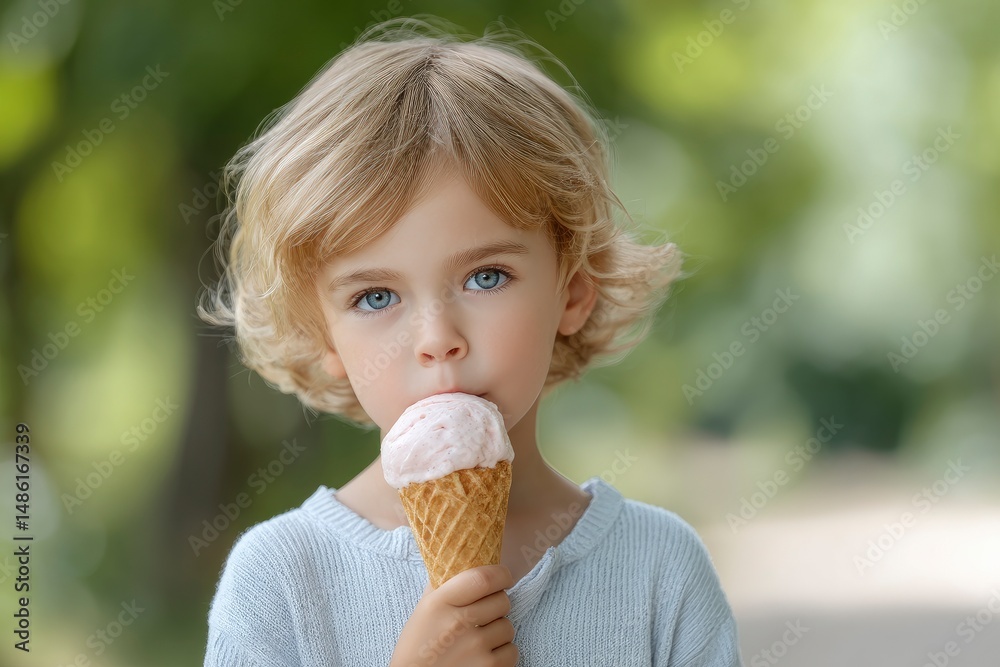 Child Eating Ice Cream Cone Outdoors with Soft Natural Light Child Eating Ice Cream Cone Outdoors with Soft Natural Light