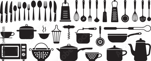 Collection of Black Kitchen Utensils and Cookware Icons