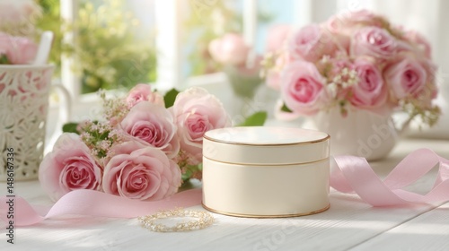 Delicate pink roses, gift box, and jewelry on a light wooden surface