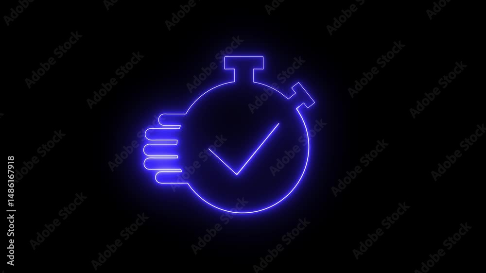 Stopwatch with hand gesture symbolizing timely success. Glowing neon stopwatch with hand gesture approving completion against black backdrop illustrating timeliness and success