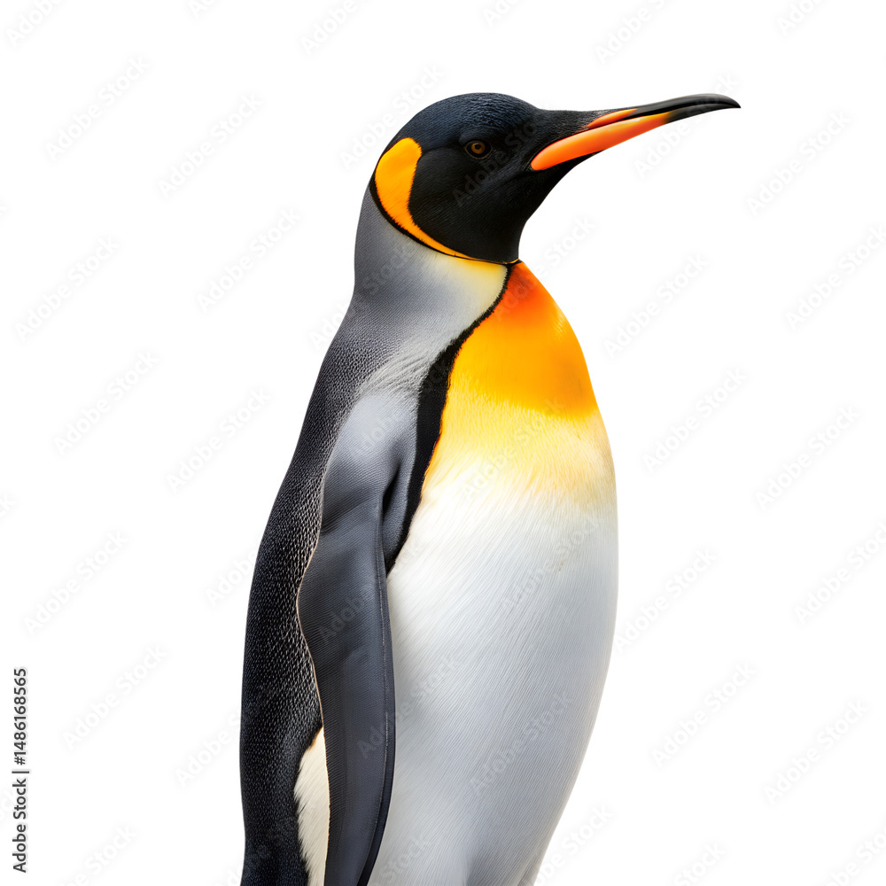 Obraz premium A regal king penguin with vibrant yellow neck markings stands tall against a white backdrop.