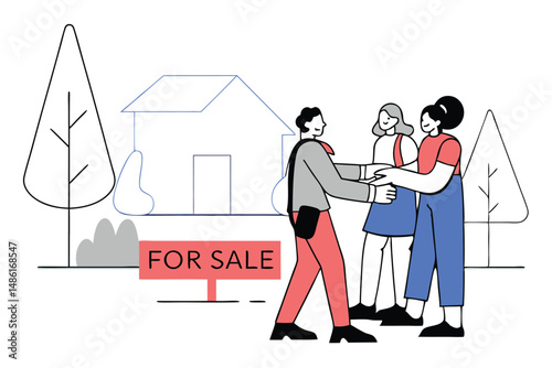 Realtor shakes hands with two smiling women by a house for sale today