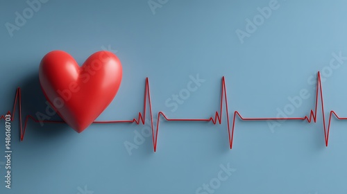 Red Heart with Electrocardiogram (ECG) Line on Blue Background: Symbolizing Health, Cardiology, and Vitality