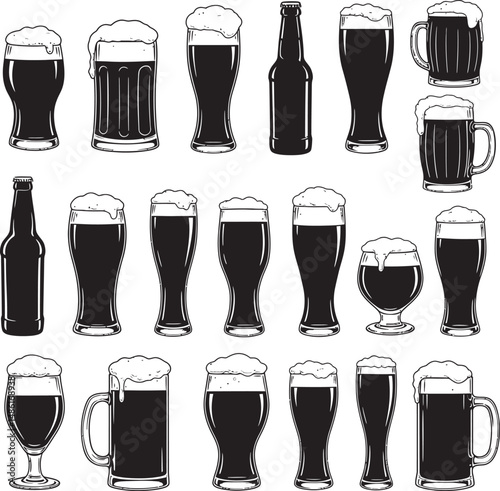  Beer Glass and Mugs Collection Silhouettes White Color Background