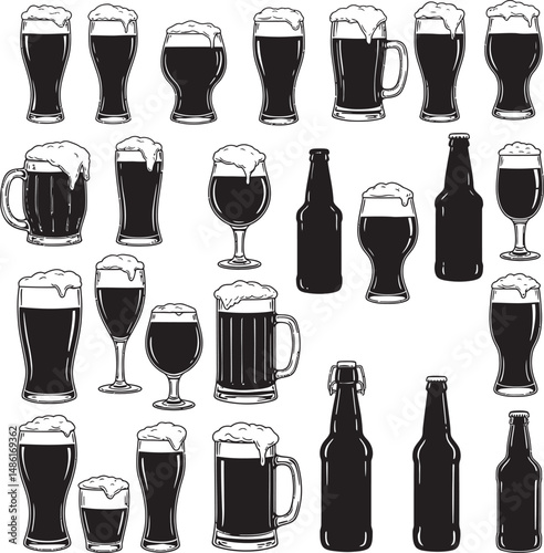  Beer Glass and Mugs Collection Silhouettes White Color Background