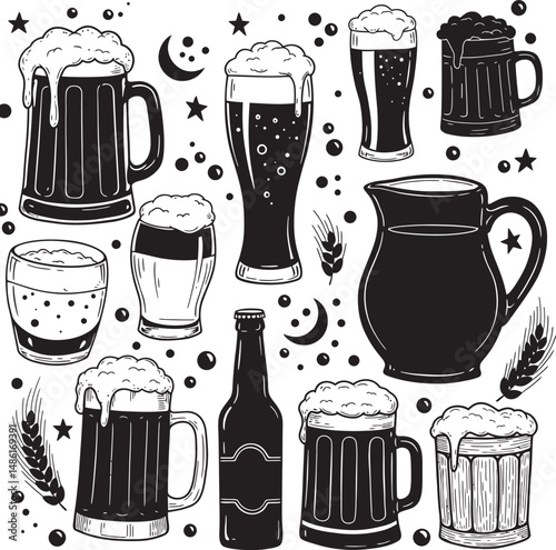  Beer Glass and Mugs Collection Silhouettes White Color Background
