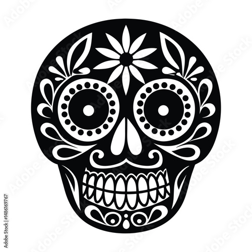 Dia de los Muertos Sugar Skull Illustration Black and White Vector Art