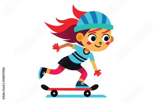 Redhaired girl with protective helmet is riding a skateboard swiftly and having great fun
