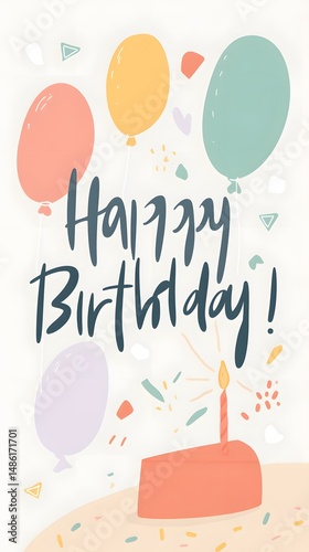 Colorful Happy Birthday Greeting Card with Balloons and Cake