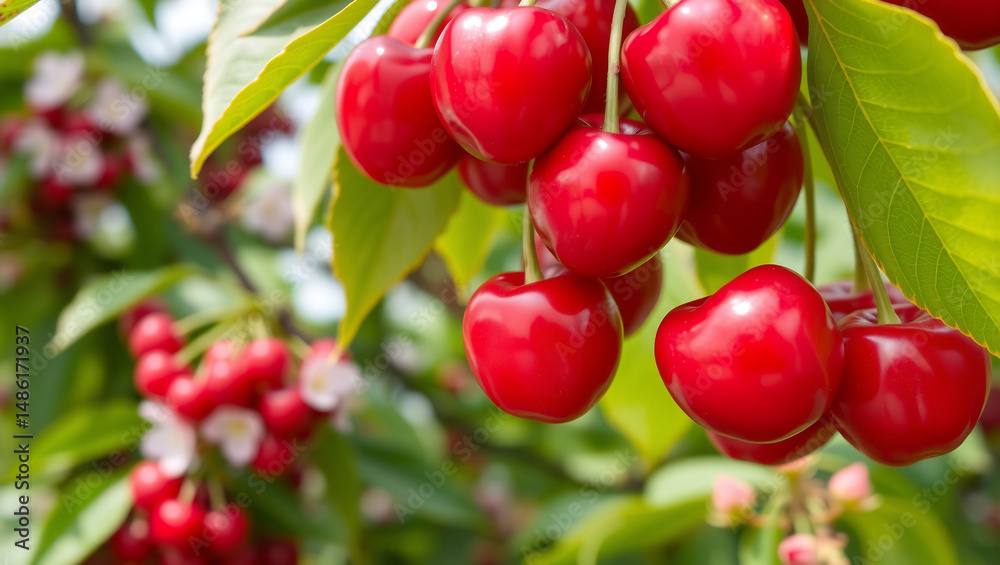 Close-Up of Ripe Red Cherries on a Tree Branch with Lush Green Leaves
Close-Up of Ripe Red Cherries on a Tree Branch with Lush Green Leaves
