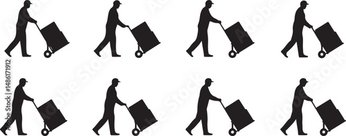 Six Silhouettes of Workers Pushing Hand Trucks with Boxes