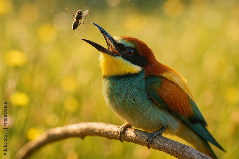Fototapeta premium Vibrant European Bee-eater Bird Catching Bee in Flight