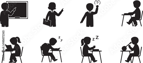 Classroom Activities Set of Diverse Students and Teacher Silhouettes