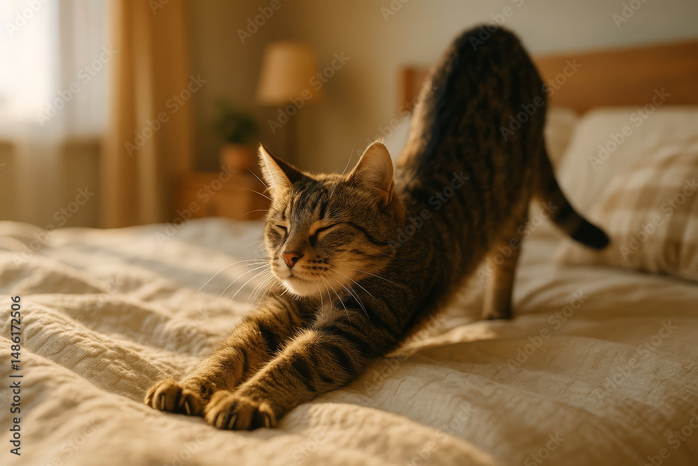 Adorable Tabby Cat Stretching on Cozy Bed Morning Sunshine Adorable Tabby Cat Stretching on Cozy Bed Morning Sunshine