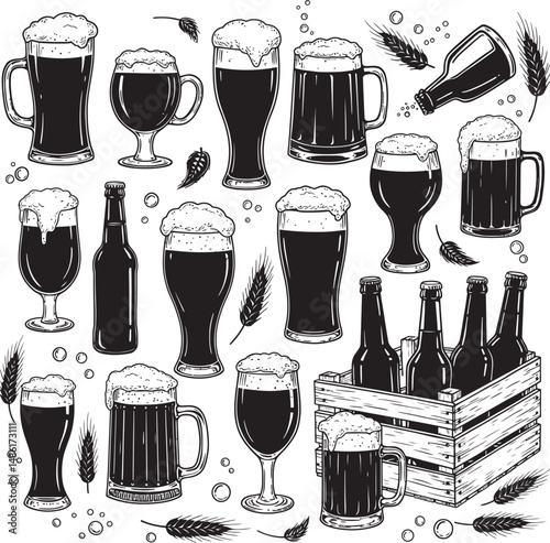  Beer Glass and Mugs Collection Silhouettes White Color Background