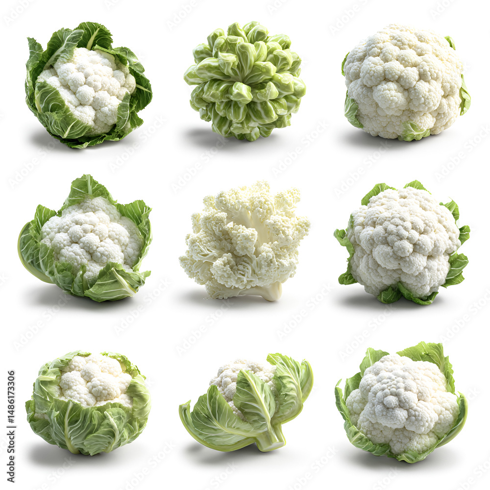 Fototapeta premium Nine Cauliflower Varieties Fresh Vegetables Healthy Eating