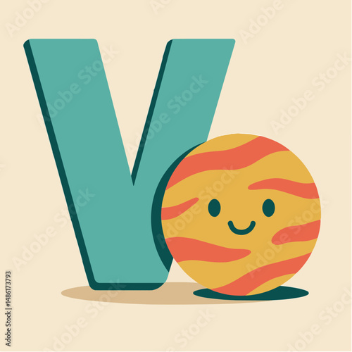 Uppercase Letter V with Cute Venus Planet – Retro Space Alphabet Vector for Kids
