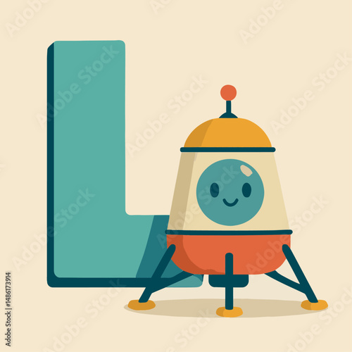 Uppercase Letter L with Cute Lunar Lander – Retro Space Alphabet Vector for Kids