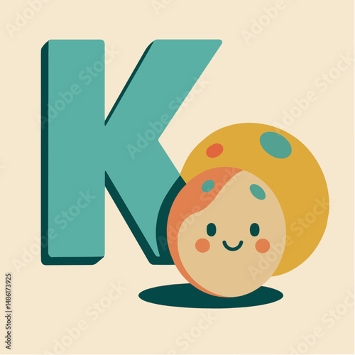 Uppercase Letter K with Cute Kuiper Belt Object – Retro Space Alphabet Vector for Kids
