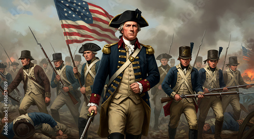 Revolutionary War General Leading Troops Amidst Battle