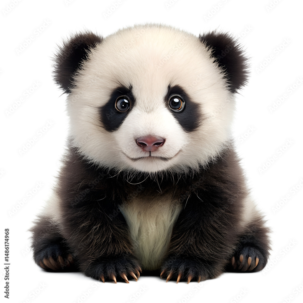Fototapeta premium A small, fluffy panda cub with big, innocent eyes sits against a white background.