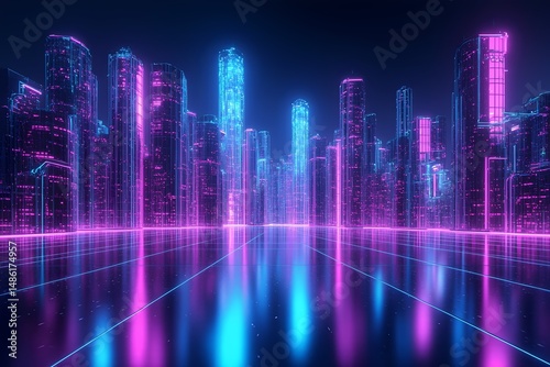 Futuristic cityscape illuminated by neon lights at night with glowing skyscrapers and reflective surfaces